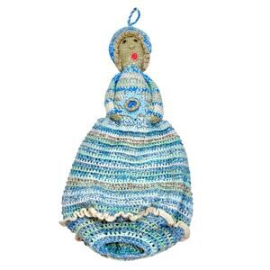 Vintage Handmade Crochet Doll Hanging Grocery Bag Holder Pantry Cottagecore